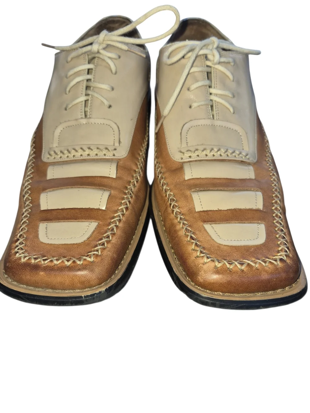 Men's Two-Tone Cream and Tan Leather Lace-Up Oxfords